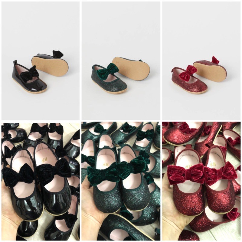 Giày Búp Bê Kim Sa Lấp Lánh Quai Chun Đính Nơ Nhung Cho Bé Gái Size Nhí 18/19 - 25