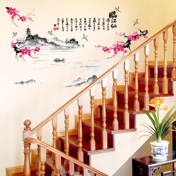 Decal dán tường Hoa đào sơn thủy