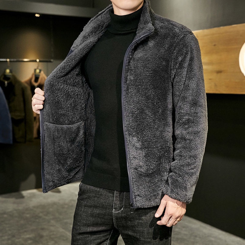 Áo Khoác Cardigan Cổ Đứng Lót Lông Cừu San Hô Cỡ Lớn Thời Trang Cho Nam