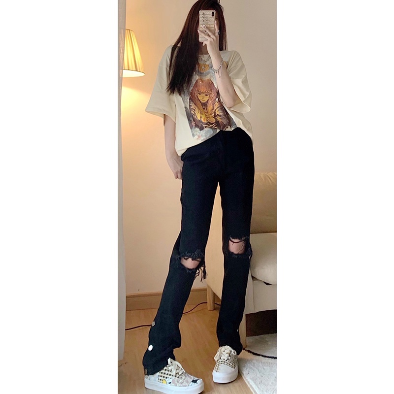 Quần jeans dài rách gối thời trang cho nữ quần jean nữ