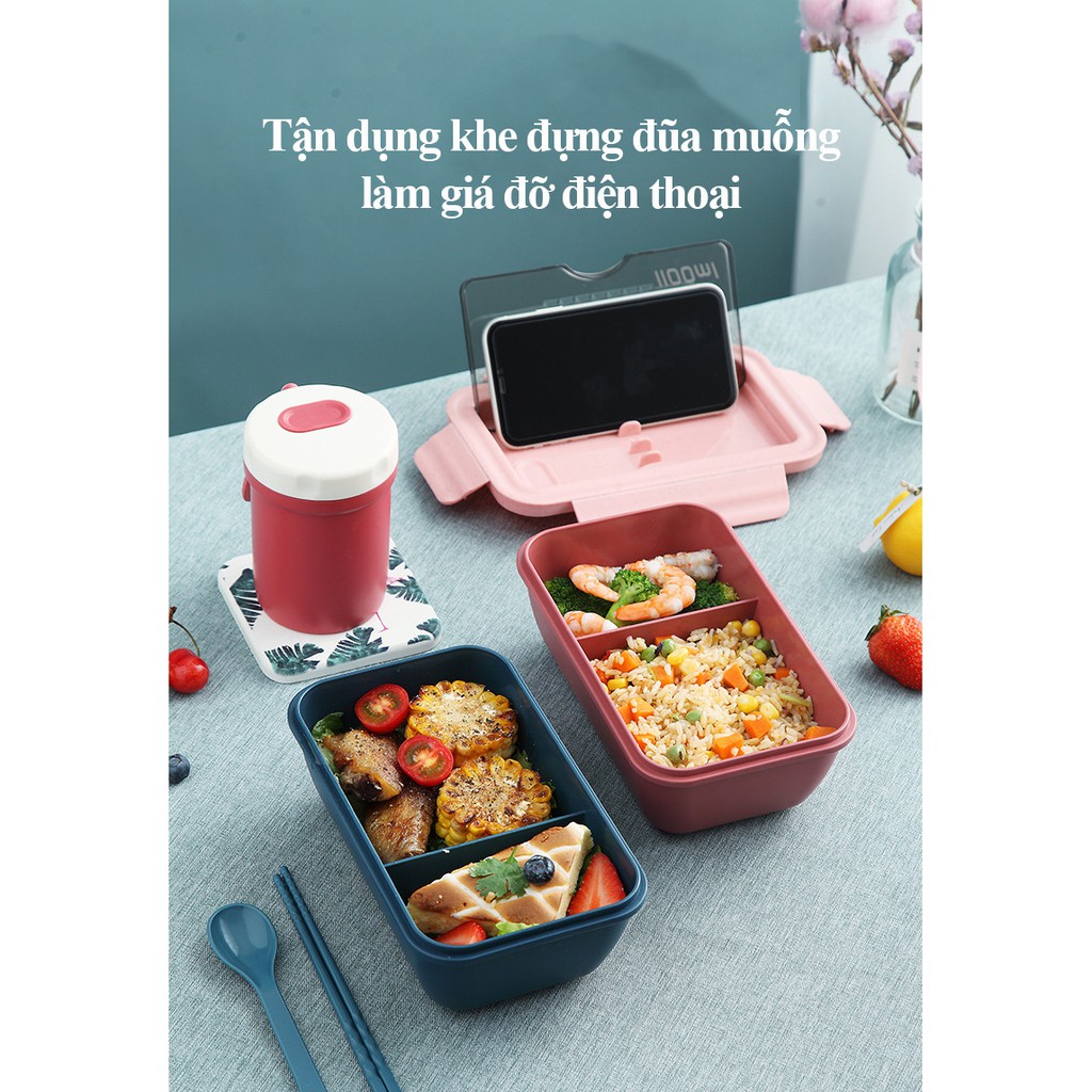 Hộp Đựng Cơm Đựng Thức Ăn Văn Phòng 2 Ngăn LUNCH BOX 1100ml Chất Liệu Rơm Lúa Mạch - Tặng Kèm Bộ Đũa Muỗng