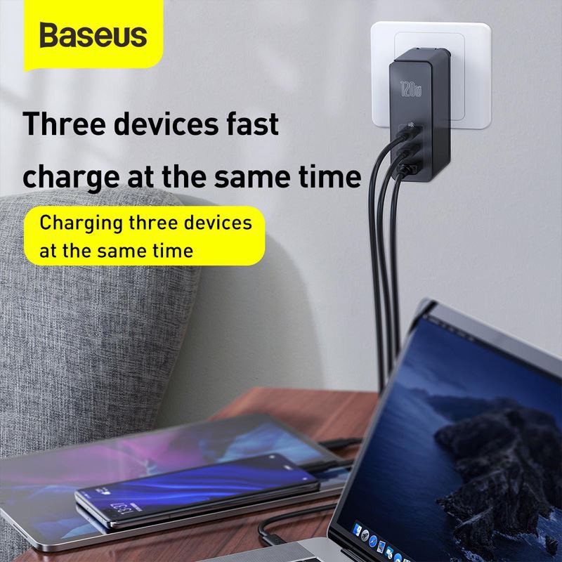 Sạc nhanh đa năng Baseus GaN2 Pro 3 Ports 120W, 2C+U, PD/ QC3.0/ QC4+/ PPS/ SCP/ FCP Dùng cho Điện thoại, Laptop
