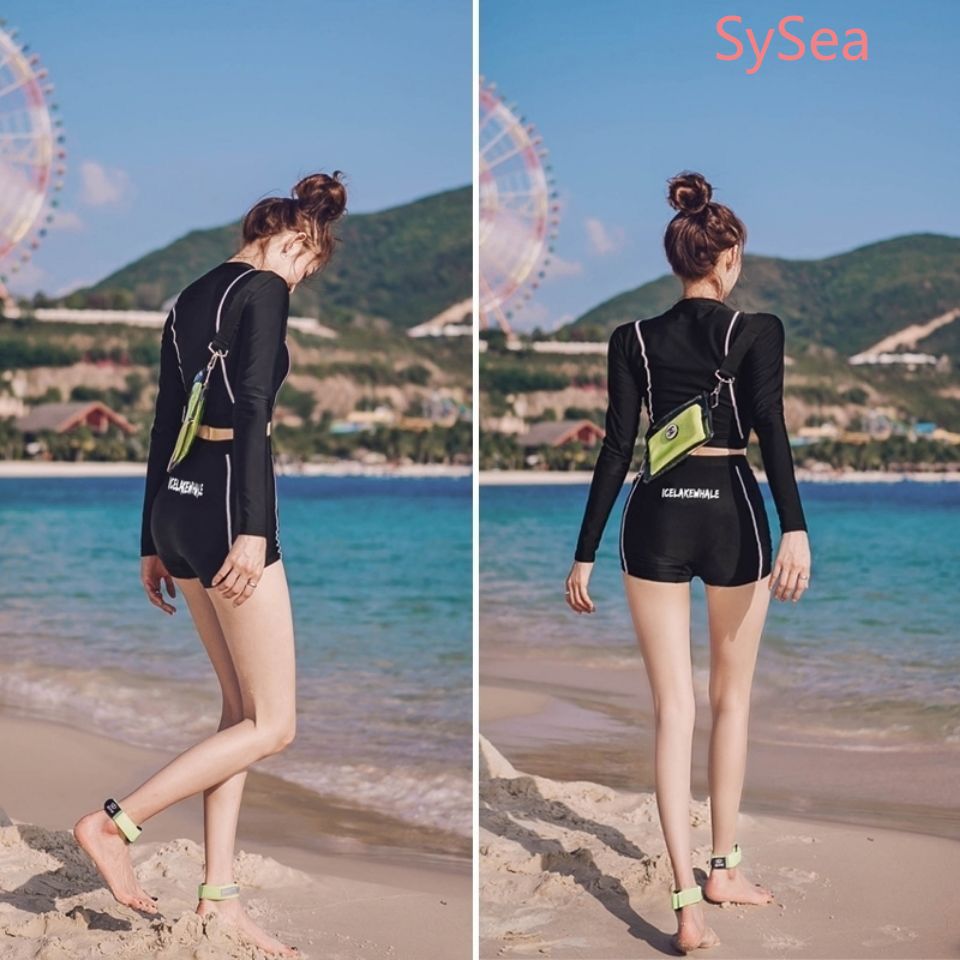 Bộ Đồ Bơi Hai Mảnh Tay Dài Lưng Cao Chống Nắng Thời Trang Cho Nữ