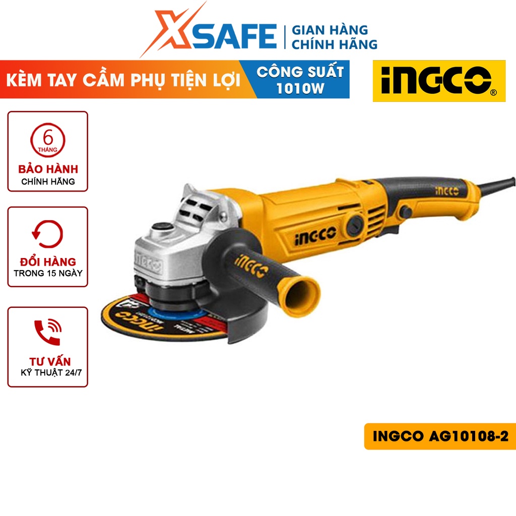 Máy mài góc cầm tay INGCO AG10108-2 1010W, đường kính đĩa mài 100mm, cốt mài M10, kèm 1 tay cầm phụ  [CHÍNH HÃNG][XSAFE]