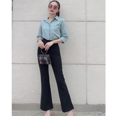 Quần Tây Ống Loe Cạp Cao Madela 2 Cúc Nâng Mông Tôn Dáng, Quần Cạp Cao Ống Loe Siêu Tôn Dáng - Qos101