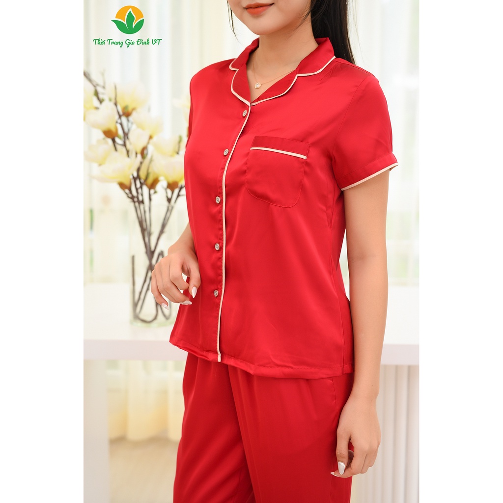 Bộ pijama lụa mặc nhà nữ Việt Thắng quần dài áo cộc tay - B28.2104