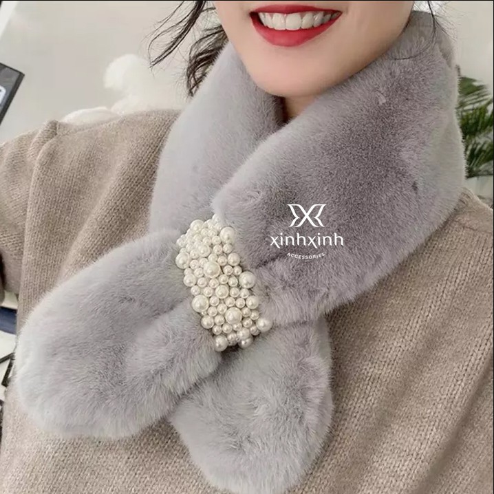 Khăn choàng cổ lông khuy đính hạt cao cấp cho bạn gái - Xinh Xinh Accessories