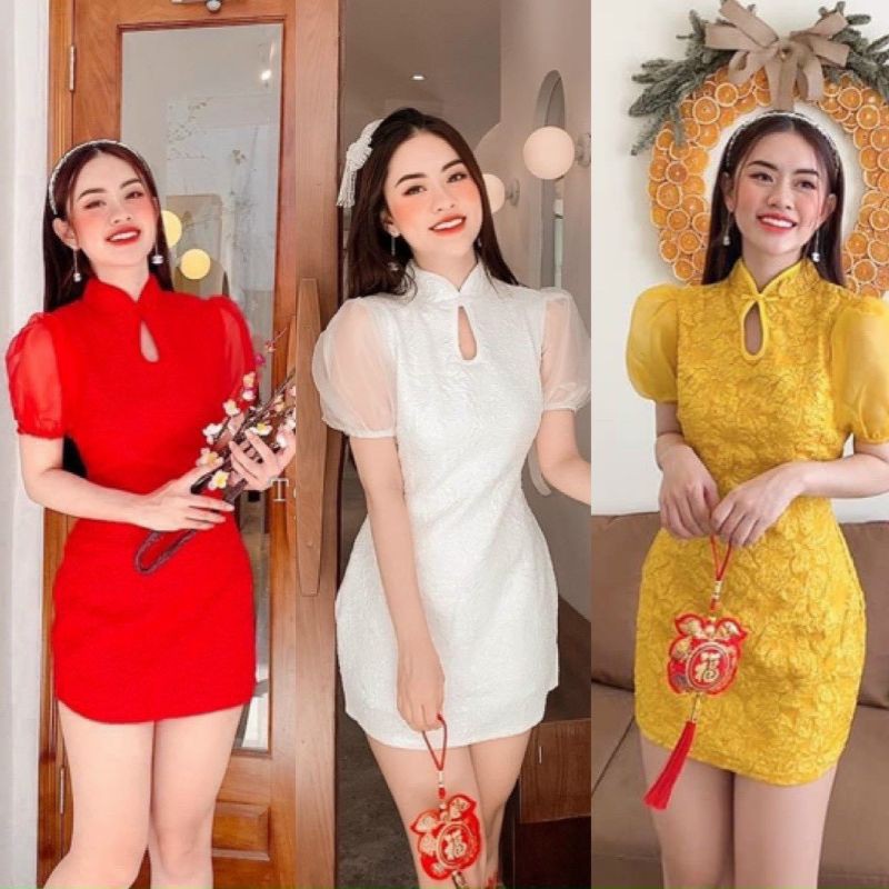 Đầm gấm xốp cổ Tàu tay phối voan