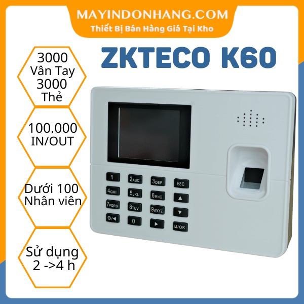Máy chấm công Zkteco K60 - Phiên Bản 2022 Với 3000 Vân Tay 3000 Thẻ Từ Có Pin Lưu Điện