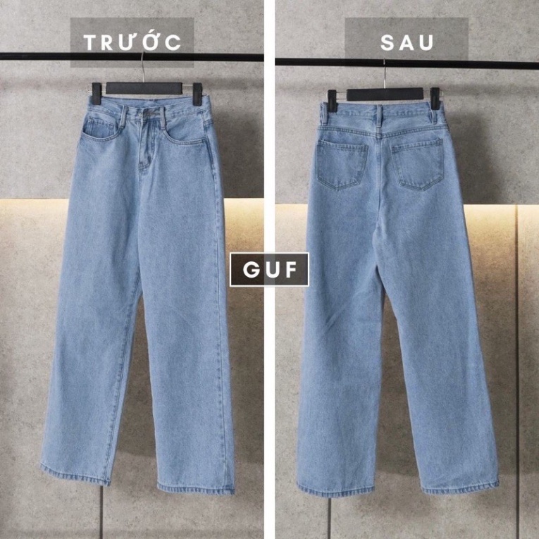 Quần baggy jeans xanh trơn ống rộng mã T01, quần bò baggy ống rộng lưng cao rách gối phối màu