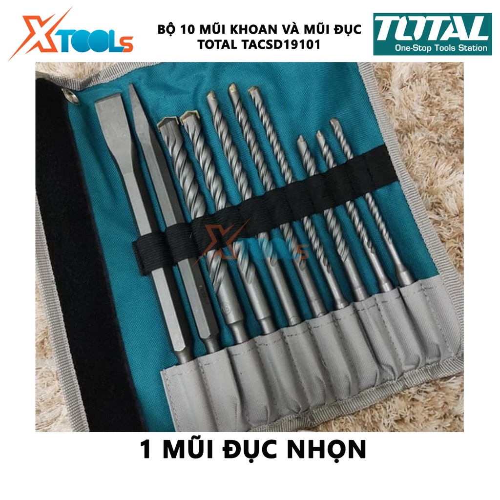 Bộ mũi khoan và mũi đục bê tông 10 chi tiết TOTAL TACSD19101 | dùng để khoan bê tông kim loại,gỗ...[CHÍNH HÃNG] [XTOOLs]