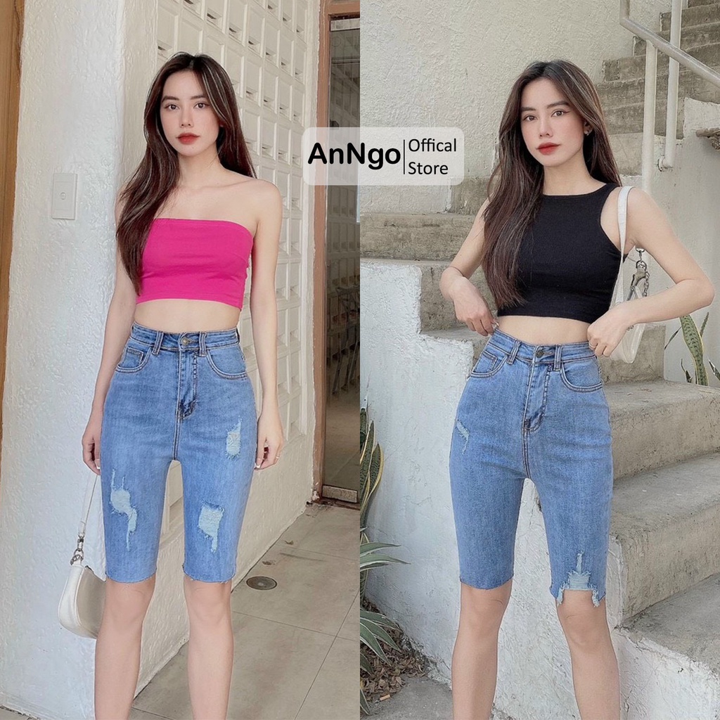 Quần jean ngố nữ co giãn rách gối cực phong cách, chất jean cotton mềm mại, bền màu AnNgo - AT186
