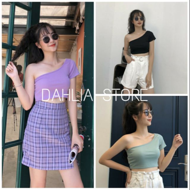 [Mã FASHIONT4WA2 giảm 10K đơn 50K] Áo thun tăm lệch vai croptop 4 màu