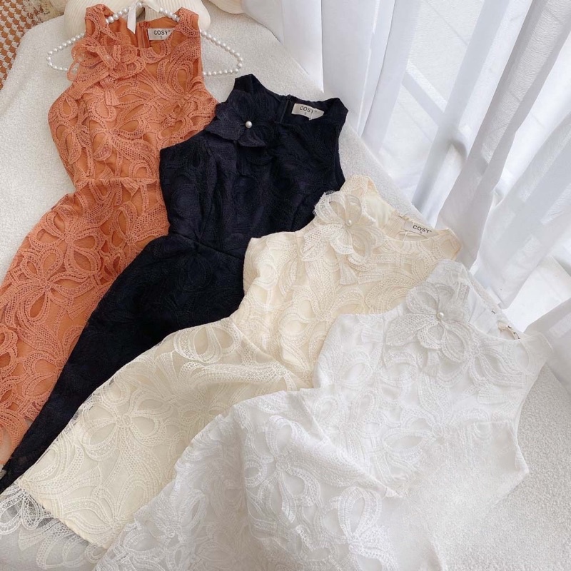 ĐẦM REN SÁT NÁCH KÈM HOA HẠT CƯỜM NƠ 3 MÀU - CHẤT REN CAO CẤP - MÀU CAM /  TRẮNG / ĐEN alohashop91