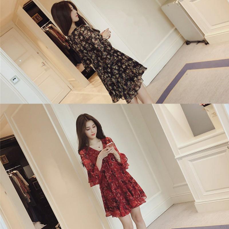 FREESHIP ĐƠN 99K_ Đầm Cổ Chữ V Hoạ Tiết Hoa Thiết Kế Thanh Lịch