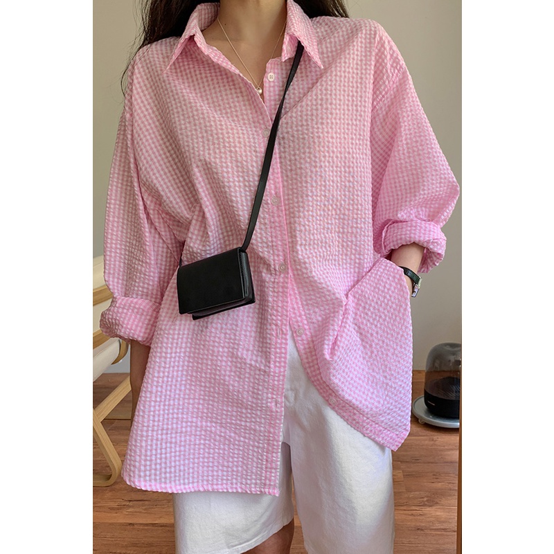 Áo Sơ Mi Caro Tay Dài Dáng Rộng Phong Cách Hàn Quốc Cho Nữ