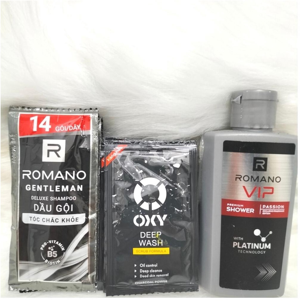 Set 3 Món: Gồm 1 Dây 14 gói dầu gội Romano 6g+1 Chai Sữa tắm Romano 60g+ 5 gói Sữa Rửa mặt Oxy 3g*5 cho nam-Hàng mini