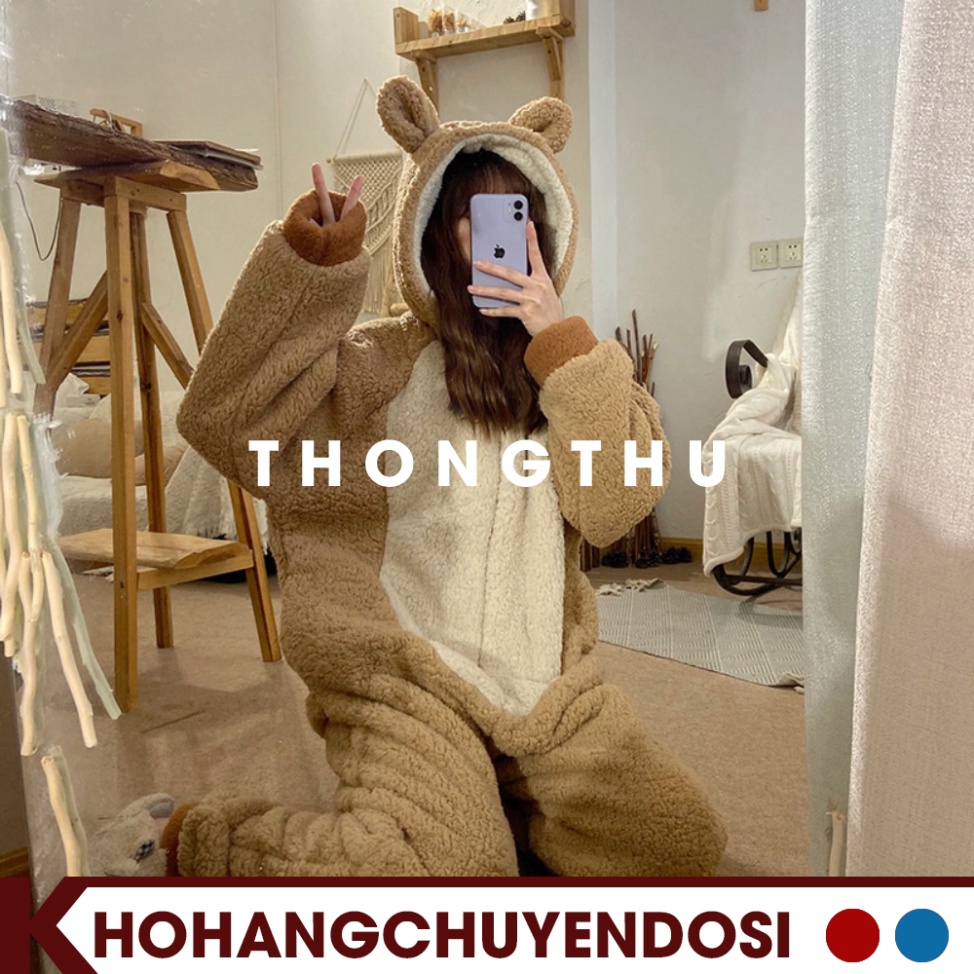 Bộ ngủ lông gấu màu nâu, bộ gấu liền thân thêu hình đẹp cho nữ siêu ấm, đồ ngủ mùa đông lông cừu giữ nhiệt tốt-THONGTHU | BigBuy360 - bigbuy360.vn