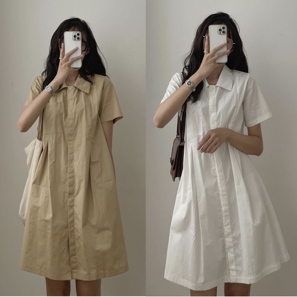 Đầm/Váy sơ mi thô dáng chữ A có túi ngực