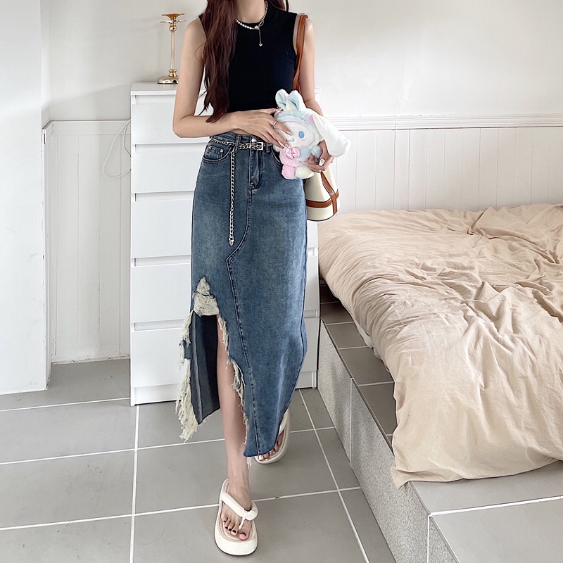Chân váy ZHELIHANGFEI denim dáng chữ A lưng cao thiết kế xẻ rách cá tính quyến rũ