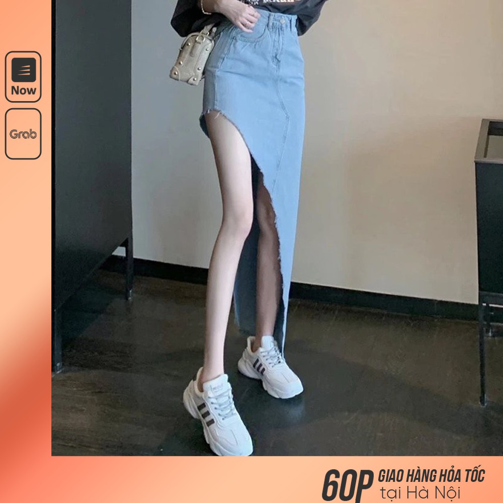 Chân Váy Bò Dáng Dài Thiết Kế Độc Đáo/ Váy Bò Xanh Ins Eo Cao Hở Đùi Sexy Cá Tính V00147