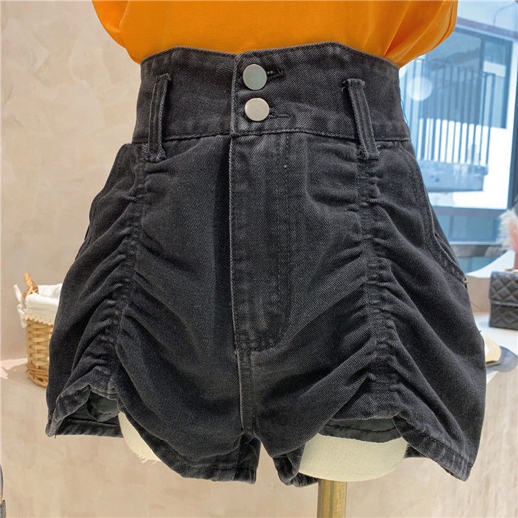 High-waisted pleated denim shorts for women in 2022, the new summer style is loose and thin, wearing wide-legged a-word hot pants