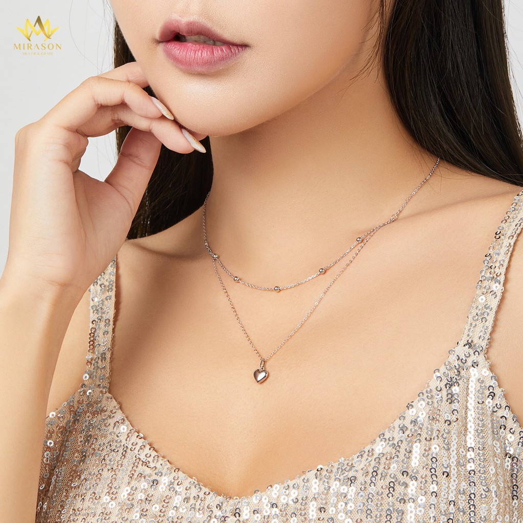 Dây Chuyền Bạc Nữ MIRASON Kép Mix Trái Tim &amp; Hạt Tròn Sang Trọng  MDC045 - Vòng Cổ Nữ Bạc 925 Cao Cấp