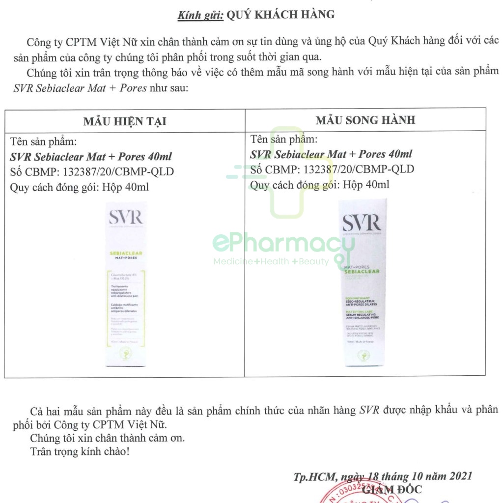 Kem Dưỡng SVR Sebiaclear Mat+Pores 40ml Giảm Mụn Kiềm Dầu Và Thu Nhỏ Lỗ Chân Lông