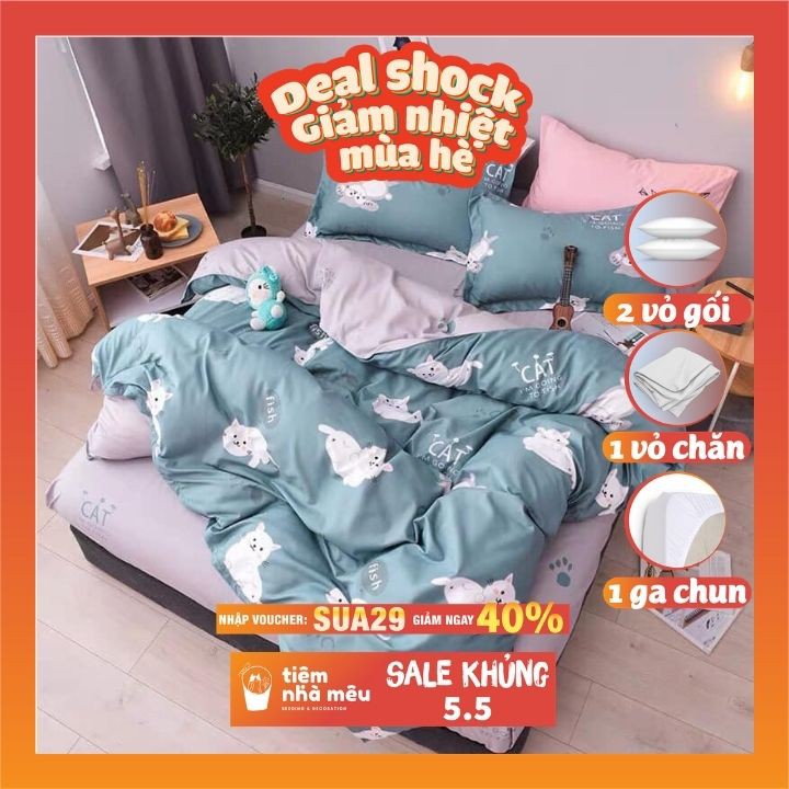 Bộ Vỏ Chăn Ga Gối Cotton 3D✨m6/m8/2m -Tiệm Nhà Mêu✨Set 4 Món Cotton 80% Mèo Xanh Đáng Yêu Cao Cấp Nhập Khẩu