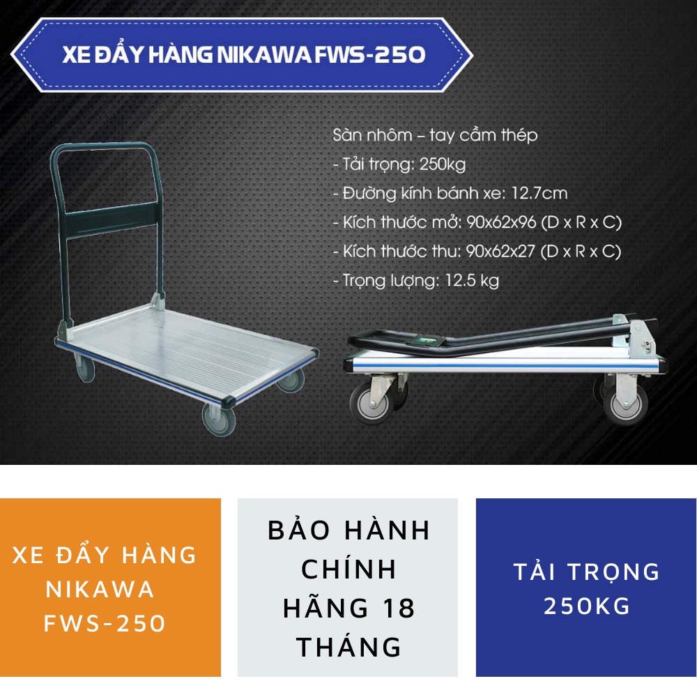 Xe đẩy hàng kéo hàng 4 bánh chống ồn sàn nhôm tay cầm thép Nikawa FWS-250 tải trọng 250kg bảo hành 12 tháng