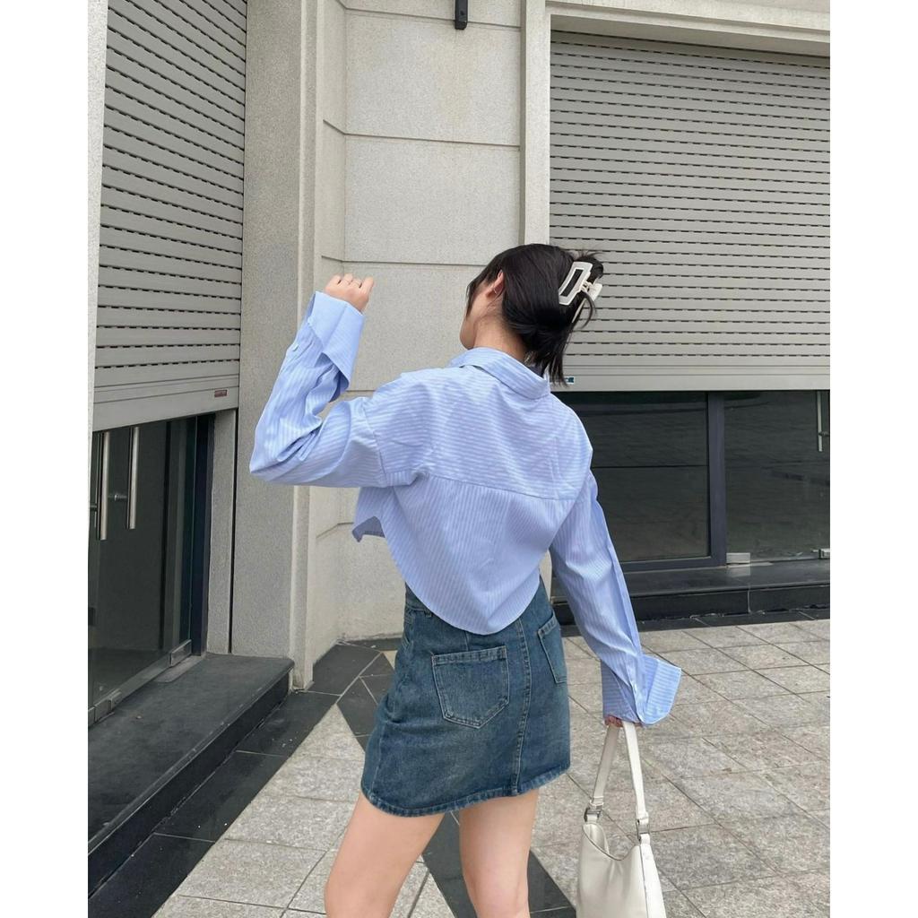 Áo sơmi crtop vạt tôm kẻ xanh MUỐI Somikecroptop3042 P0/K7