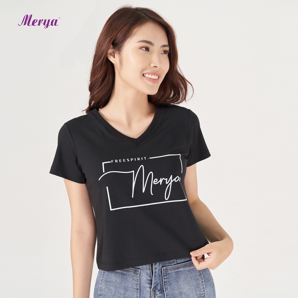 Áo thun cotton nữ ngắn tay cổ tim Merya TSC0121 áo croptop