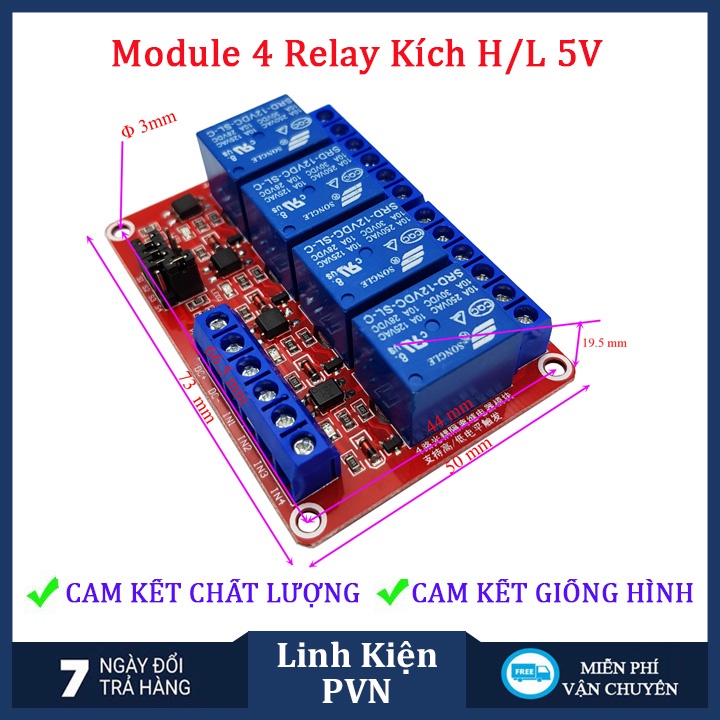Module Relay 5V 1/ 2/ 4 kênh có cách ly opto, tùy chọn mức kích High/Low 10A