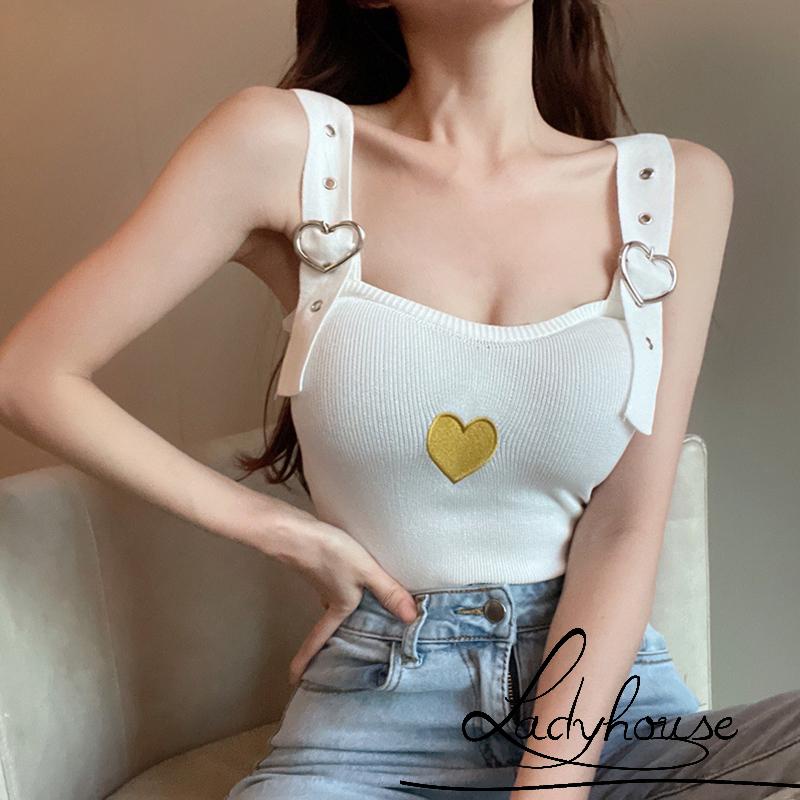 LDD-Women´s Summer Mini Knitted Camisole Sleeveless Adjustable Shoulder Strap Heart Print Sling Vest