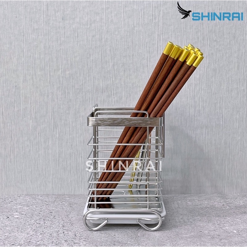 ( Dán Tường ) Giỏ Ống Đựng Đũa , Giá Để Thìa , Muôi , Muỗng Có Móc Treo Đồ INOX SUS304 Xước SHINRAI 2 Ngăn OD2