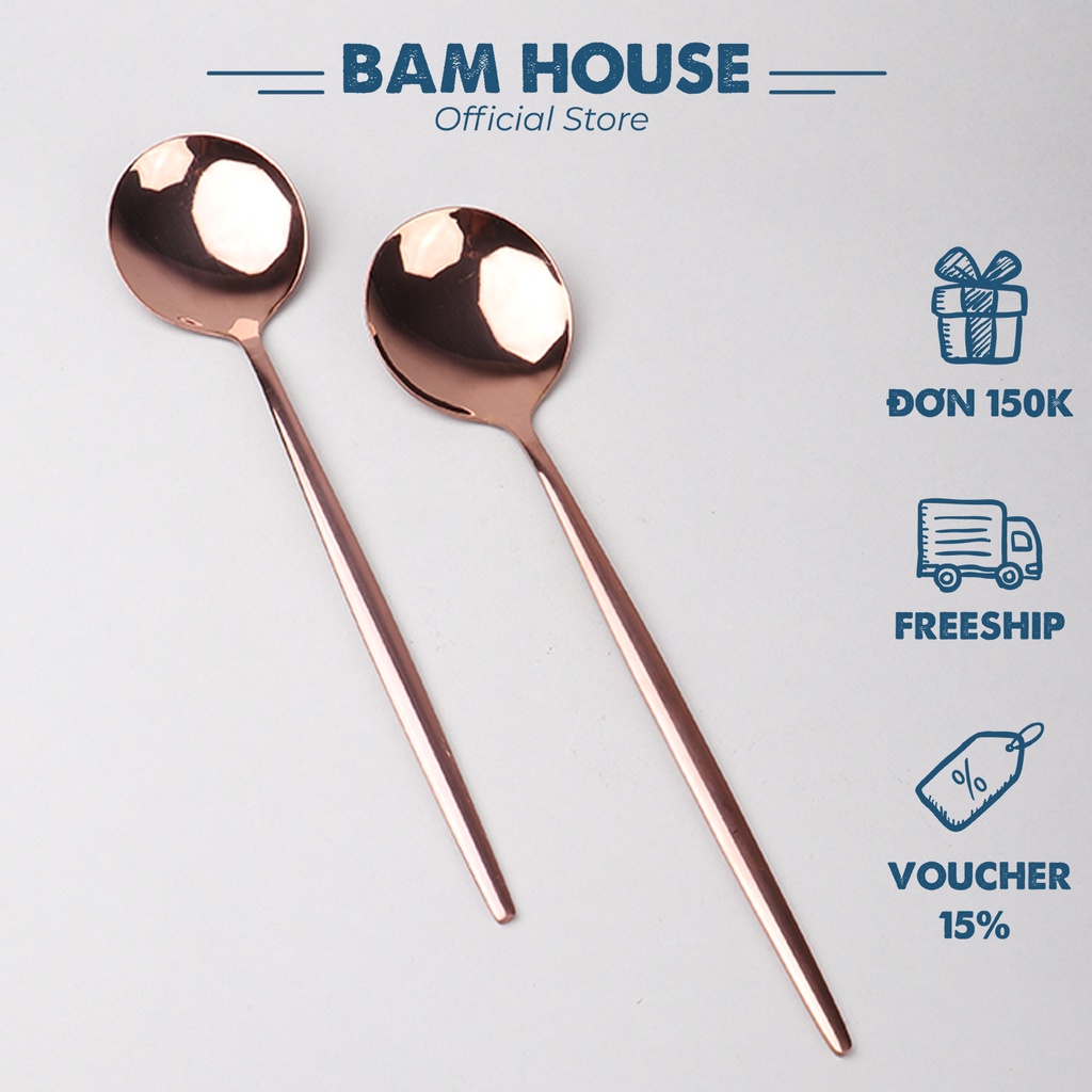 Muỗng soup tròn inox vàng hồng lõi thép Bam House cán nhọn dài cao cấp MVH01 - Gia dụng bếp
