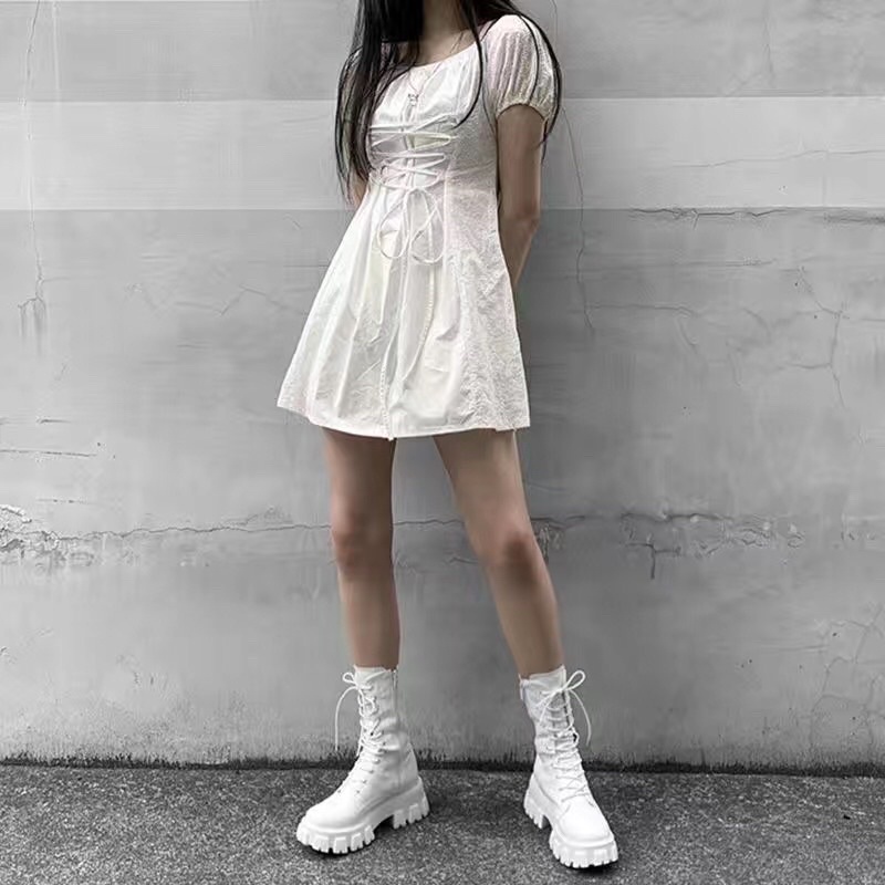 [CÓ SẴN] Boot ulzzang cao cổ 20cm buộc dây kéo khóa đế cao 5.5cm màu đen/trắng cá tính đẹp mới xinh thời trang