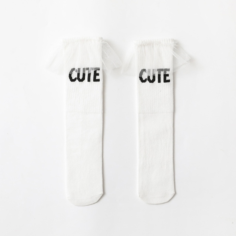 Vớ cotton mềm cao tới gối viền ren in chữ dành cho bé gái