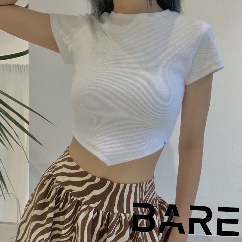 Áo thun croptop nữ tay ngắn áo croptop ôm cổ tròn vạt tam giác chất thun gân tăm cá tính Basic Bare - AO079
