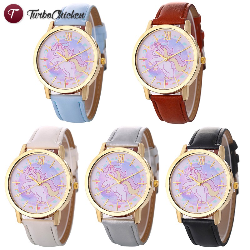 #Đồng hồ đeo tay# Women Watch Watches Happy Unicorn Cartoon Watch Leather Strap Quartz Watch