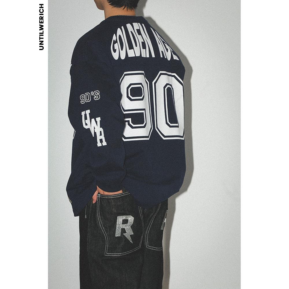 Áo Thun Tay Dài Chui Đầu Dáng Rộng In Số 90 Thời Trang Mùa Xuân Phong Cách Retro Mỹ