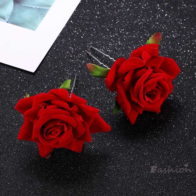 Trâm Cài Tóc Chữ U Hình Hoa Hồng Đỏ Bằng Lụa Cho Cô Dâu