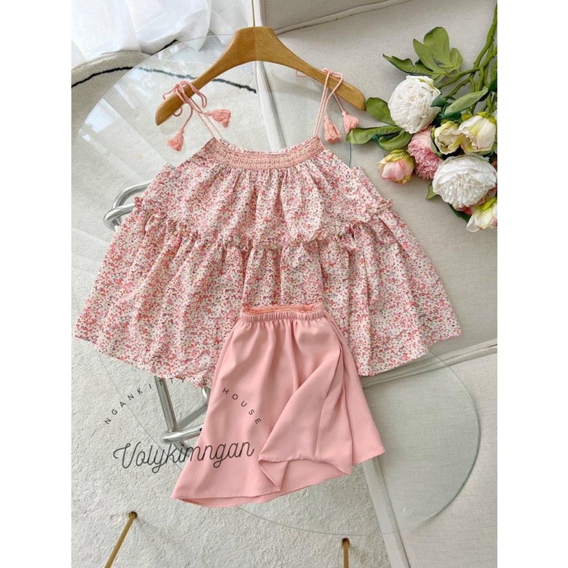 Set babydoll hai dây cột cho nữ mặc nhà, mặc đi chơi áo họa tiết hoa, quần lụa trơn dễ thương, nhiều màu sắc