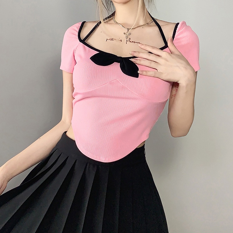 Áo Thun Ngắn Tay Cổ Chữ U Thắt Nơ Xinh Xắn Thời Trang Cho Nữ