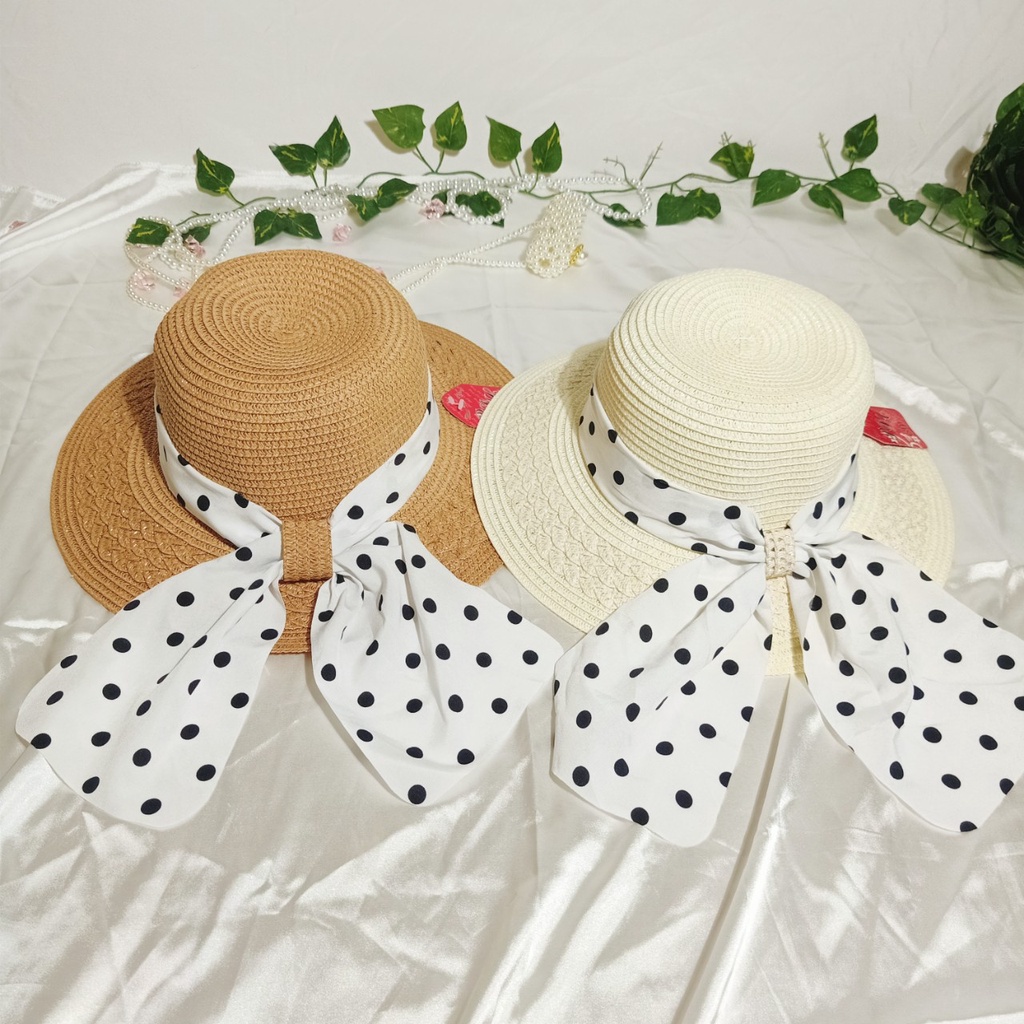 Nón cói,mũ cói nữ đi biển vành nhỏ nơ chấm bi xoè to tiểu thư xinh đẹp, hình shop chụp thật