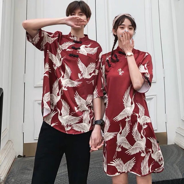 Set đồ đôi couple chim hạc trắng áo váy đỏ cực sang chảnh