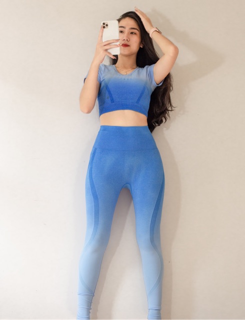 Set quần áo Gs 2 tập gym, yoga aerobic gồm áo croptop, quần legging dài nữ vải dệt kim, co giãn