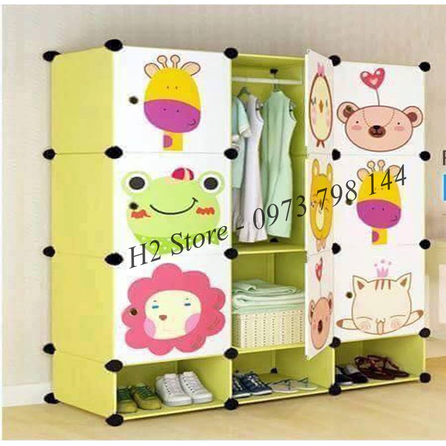 XƯỞNG TỦ NHỰA LẮP GHÉP 9 Ô + 3 Ô GIÀY VÀNG CHANH HÌNH NGỘ NGHĨNH (CỬA MÈO BAY) ĐỂ QUẦN ÁO ĐA NĂNG