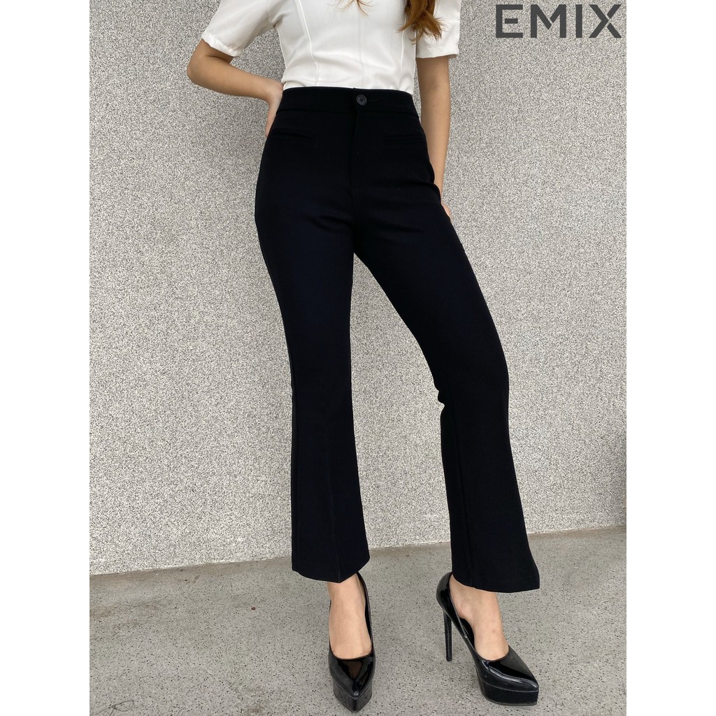 Quần tây nữ ống loe công sở túi vuông EMIX (màu đen), dáng dài, cạp cao, form rộng, ống ôm và loe, vải tuyết mưa mềm mịn