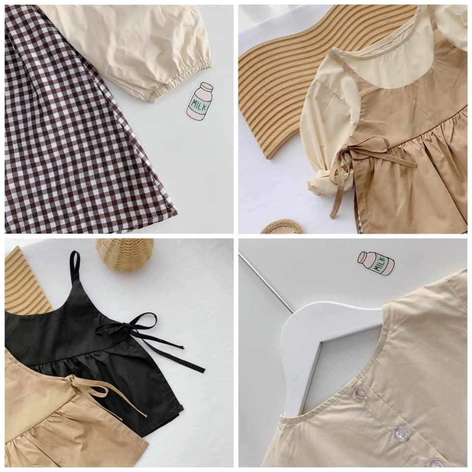 Set yếm dài tay Vintage họa tiết caro